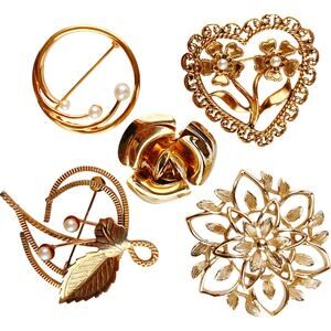 VTG Lot of 5 Brooches Signed Monet Sarah Cov Mid Century Floral Gold Tone Pins